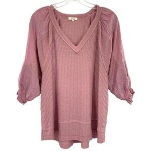 In Loom Waffle Knit Top Mauve Embroidered Puff Sleeve